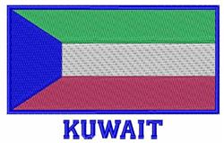 Flat design of the Kuwait flag with green, white, and red stripes, a blue triangle, and bold 'KUWAIT' text.