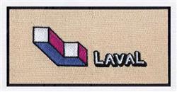 Modern geometric design featuring 'Laval' in bold text with vibrant pink, blue, and white on a beige background.