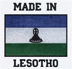Lesotho flag featuring bold blue, green, and white horizontal stripes, centered black Basotho hat, designed for machine embro