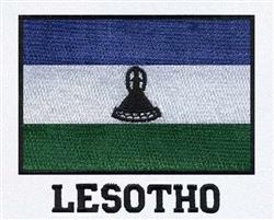 Realistic Lesotho flag with blue, white, and green stripes, featuring a black Basotho hat and 'LESOTHO' text below.