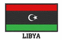 Libya flag in geometric style with red, black, and green stripes, featuring a white crescent and star.