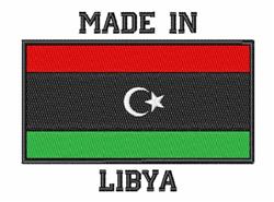 Libyan flag with bold red, black, and green stripes, featuring a crescent and star, with 'MADE IN' and 'LIBYA' below.