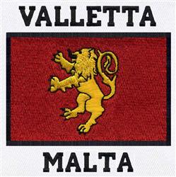 Gold lion emblem with bold black text 'VALLETTA' and 'MALTA' on a red background, framed in black.