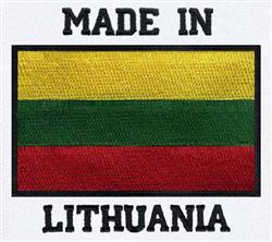 National flag of Lithuania in vibrant yellow, green, and red stripes with a black border and 'MADE IN' text above.