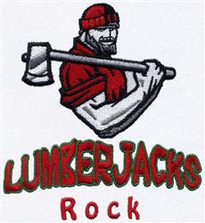Bold design featuring a lumberjack in a red shirt holding an axe, with 'LUMBERJACKS Rock' text beneath.