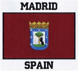 Detailed flag of Madrid, Spain, featuring a deep red background and bold text 'MADRID' and 'SPAIN' with a coat of arms.