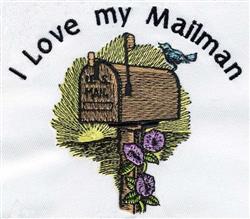 Colorful mailbox with a blackbird perched above, surrounded by purple flowers, featuring the phrase 'I Love my Mailman.'
