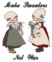 Two girls knitting in whimsical attire, one in a green dress and headscarf, the other in a light apron. Playful text 'Make Sw