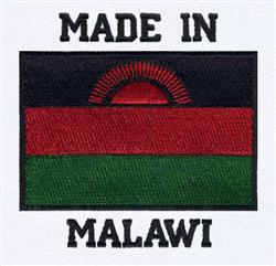 Realistic depiction of Malawi flag with black, red, and green stripes, and sun motif above 'MADE IN MALAWI' text.