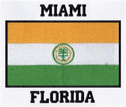 Bold and vibrant Miami flag design with orange, white, and green stripes and black text 'MIAMI' and 'FLORIDA'.
