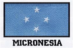 Micronesia flag with a blue background, five diagonal white stars, and bold black text below. Ideal for patriotic display.