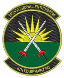 Military patch featuring a sunburst in yellow and orange, crossing swords with red handles, and green background.