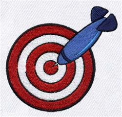 Cartoon target in red and white with a blue missile aimed at the center, vibrant and playful design.