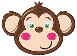 Cartoon monkey face with brown fur, green eyes, and pink cheeks, featuring a cheerful expression.