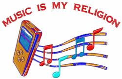 Playful MP3 player with colorful musical notes, vibrant red 'MUSIC IS MY RELIGION' text, ideal for machine embroidery.