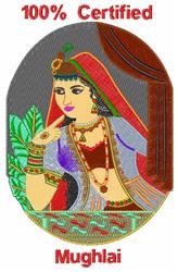 A female figure in vibrant Mughlai attire showcases intricate jewelry, set against lush plants.
