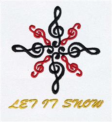 Musical notes swirl in a playful winter design, featuring vibrant black and red colors with gold 'LET IT SNOW' text.