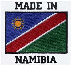 Namibia flag with a blue field, red diagonal stripe, green triangle, and yellow sun, in a bold design.