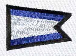 Stylized nautical flag in blue and white with a black border. Modern design featuring sharp angles and clean lines.