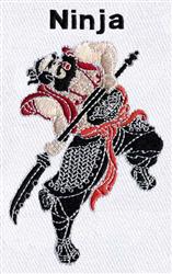 Cartoon ninja with colorful clothing and a flowing red sash, striking a dynamic pose while wielding a sword.