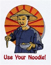 Cartoon cheerful person in a straw hat holding a bowl of noodles with chopsticks, featuring a sunburst background.