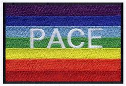 Bold 'PACE' text in white over vibrant rainbow stripes, perfect for colorful designs and cheerful projects.