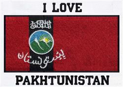Bold design featuring 'I LOVE PAKHTUNISTAN' on a vibrant red background with mountain and sun emblem.