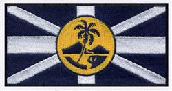 Graphic flag with palm tree and mountains on yellow background, set on blue and white stripes for coastal decor.