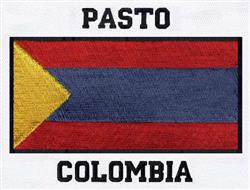 Pasto flag design with vibrant red, blue, and yellow colors, featuring 'PASTO' above and 'COLOMBIA' below.