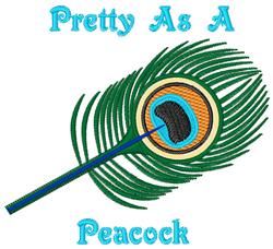 Colorful peacock feather with intricate green, blue, and orange details curving around whimsical text 'Pretty As A Peacock'.