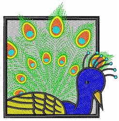 Vibrant peacock with ornate blue and yellow feathers and geometric outline, perfect for colorful machine embroidery.