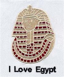 Pharaoh head in gold with red accents, featuring bold black text 'I Love Egypt' on a white background.