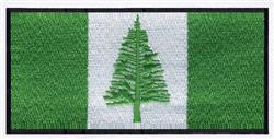 Realistic pine tree design with vibrant greens, set against a green backdrop and white stripe, perfect for nature themes.