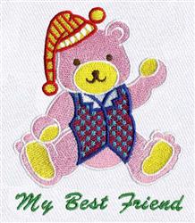Colorful cartoon pink bear in plaid vest waving cheerfully, with 'My Best Friend' text beneath.