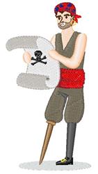 Cartoon pirate in a red bandana holds a skull scroll, showcasing playful nautical style and vibrant colors.