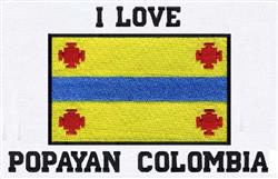 Vibrant flag of Popayan, Colombia with a yellow field, blue stripe, and red accents. 'I LOVE POPAYAN COLOMBIA' in bold black