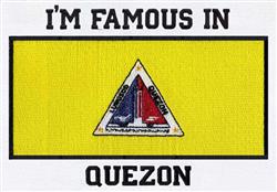 Quezon triangle flag design featuring bold text 'I'M FAMOUS IN' and vibrant yellow background, perfect for playful decor.