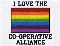 Bold rainbow flag with vibrant colors from red to purple and impactful black text for an inclusive celebration.