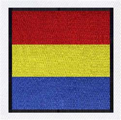 Rectangular flag design with bold red, yellow, and blue stripes, featuring a flat aesthetic and black outlines.