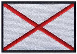 Rectangular flag design with bold red diagonal lines on a white background, framed by a narrow black border.