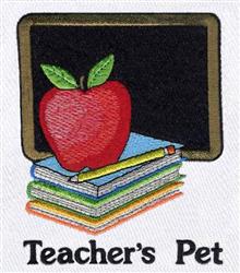 Playful red apple with green leaves in front of a chalkboard, colorful books, and a yellow pencil for back to school.