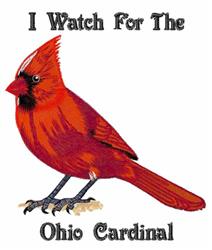 Realistic red cardinal perched on a branch with intricate feather details, bold text reads 'I Watch For The Ohio Cardinal'.