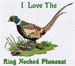 Colorful Ring Necked Pheasant with vibrant feathers standing on grass, featuring detailed embroidery and text below.