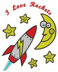 Applique rocket in red with a blue flame, soaring near a cheerful yellow moon and smiling stars.