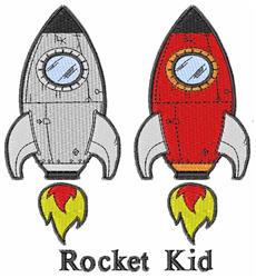 Playful cartoon gray and red rockets with flame details, perfect for children's designs, 'Rocket Kid' text below.