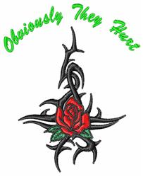 Bold rose design with vibrant red petals, sharp black thorns, and edgy green text saying 'Obviously They Hurt'.