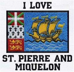 Vibrant ship sailing over stylized waves with flags and bold text 'I LOVE ST. PIERRE AND MIQUELON'.