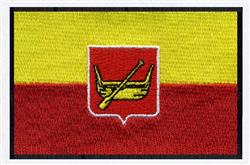 Shield with a vibrant yellow emblem of oars, outlined in white, on bold red and yellow stripes.