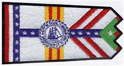 Applique decorative emblem featuring a ship in a vibrant circular design with red and blue stripes.