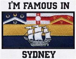 Modern ship design with colorful flags and playful text 'I'M FAMOUS IN SYDNEY'. Ideal for vibrant home decor.